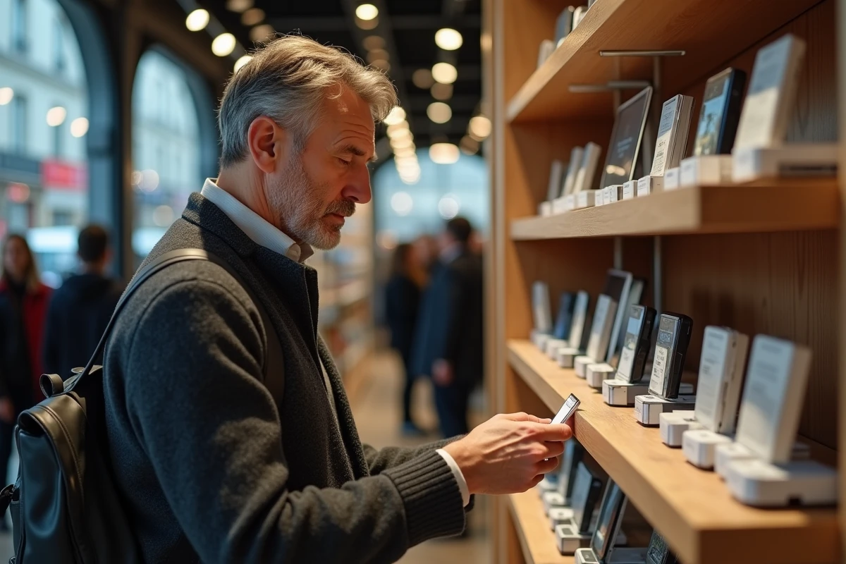Homme vérifiant les prix d’électroniques en magasin parisien
