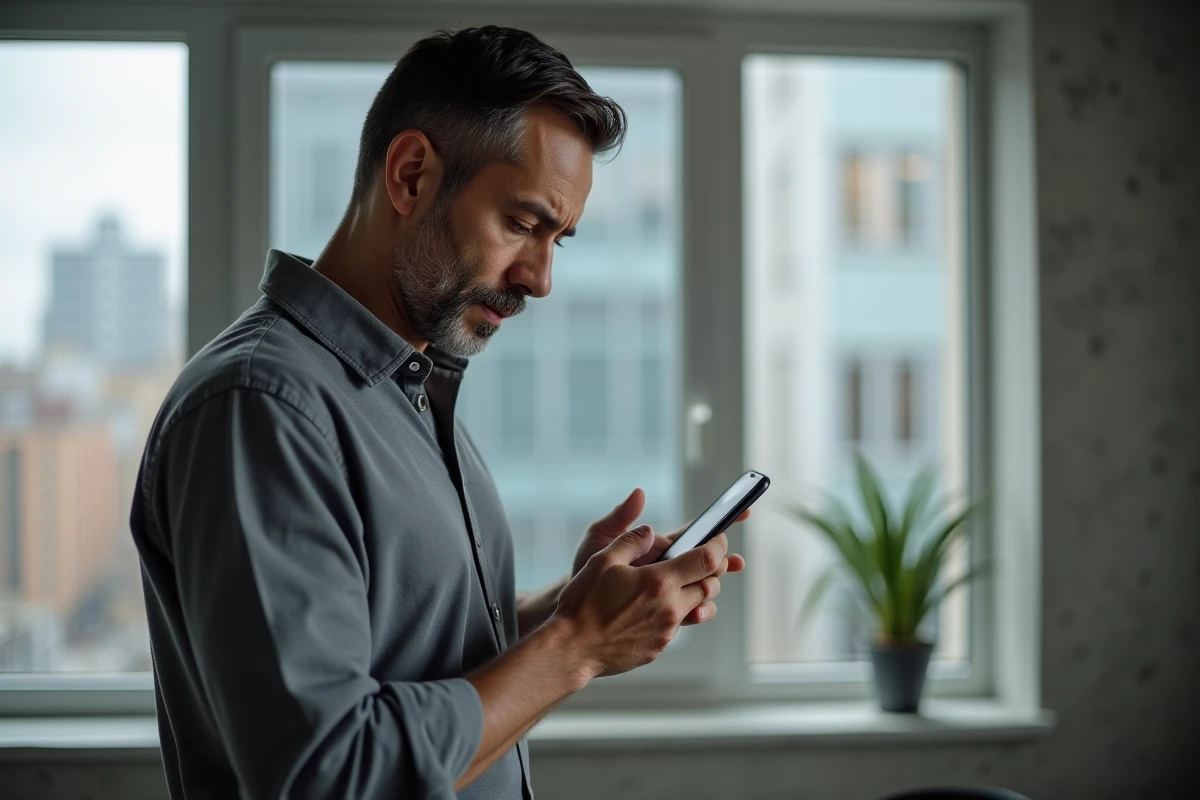 Homme vérifiant une adresse web sur smartphone avec une expression prudente dans un appartement urbain minimaliste