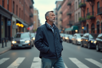 Homme en jeans et coupe-vent regardant la ville et la pollution