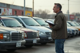 Homme d'âge moyen examinant des voitures d'occasion en concession