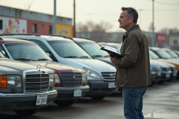 Homme d'âge moyen examinant des voitures d'occasion en concession