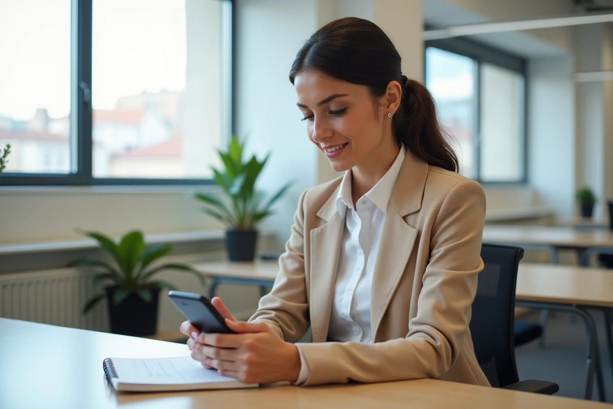 Femme professionnelle consultant son horaire de prière sur smartphone dans un espace de travail moderne à Bordeaux