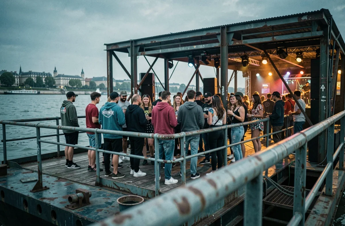 Scène électronique de l'I.Boat à Bordeaux, un club installé sur une péniche amarrée sur la Garonne avec une foule en tenue de soirée décontractée