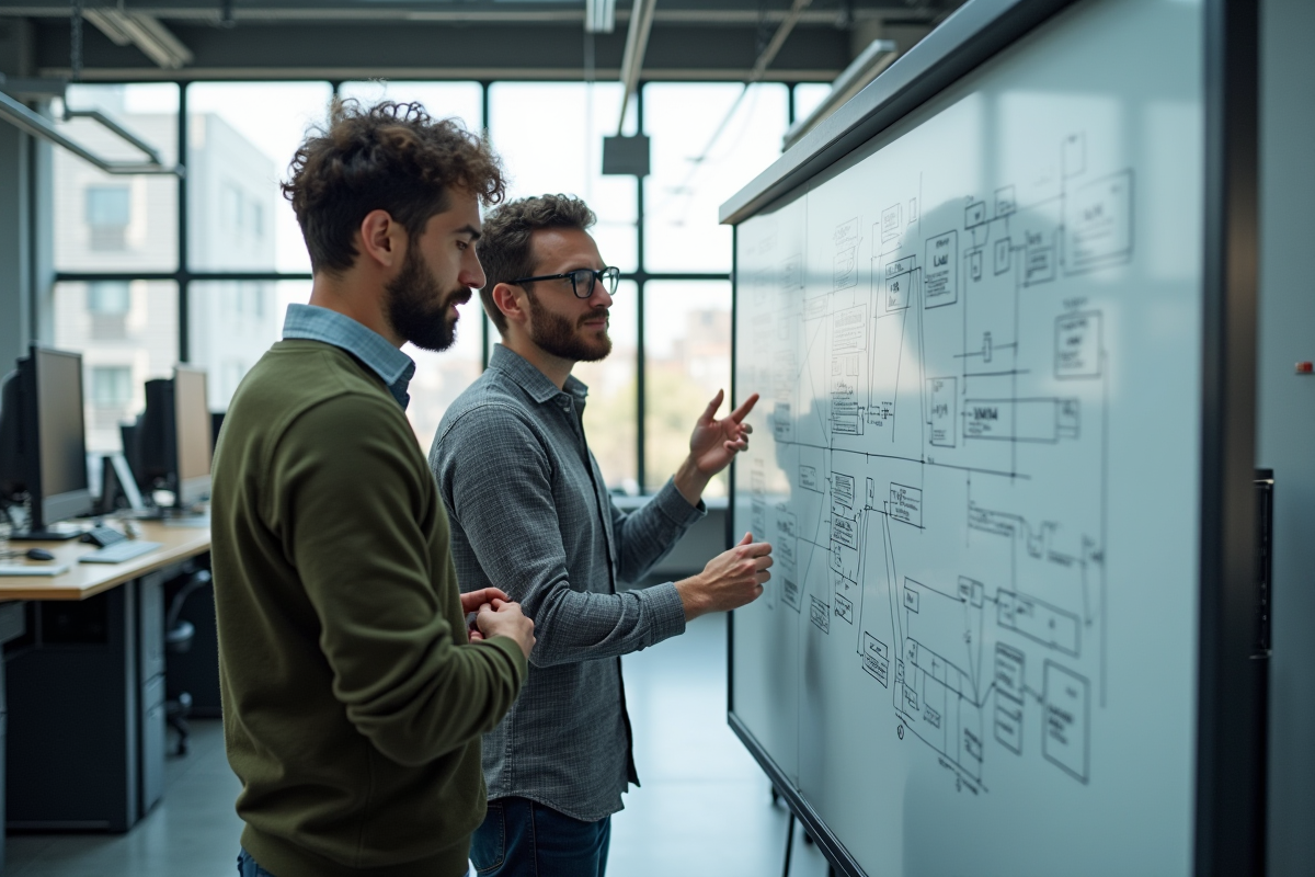 Deux ingénieurs discutant devant un tableau de diagrammes techniques
