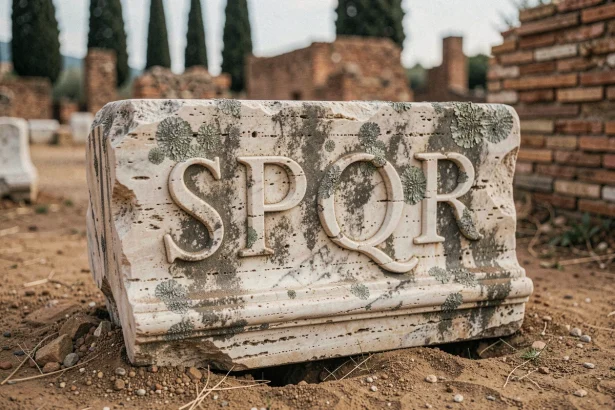 Inscription SPQR gravée dans le marbre antique lors d'une fouille archéologique en Italie