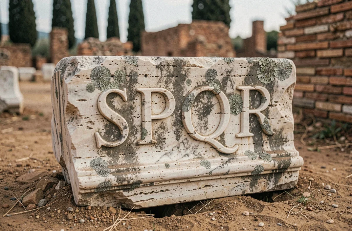 Inscription SPQR gravée dans le marbre antique lors d'une fouille archéologique en Italie