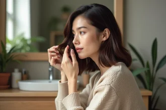 Femme brunette inspectant ses pointes de cheveux