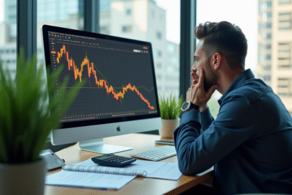 Investisseur inquiet regardant un graphique immobilier en baisse