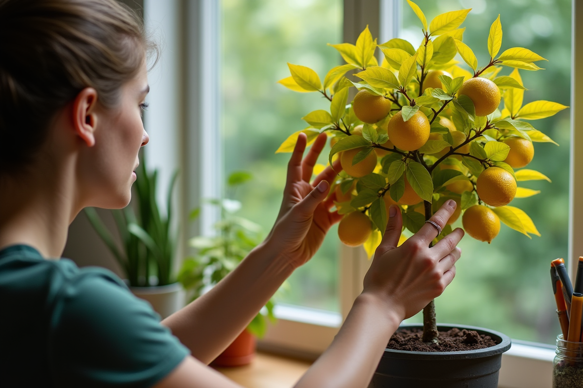 Jardinier examinant feuilles jaunes d