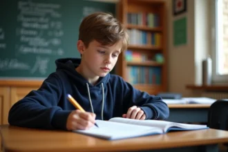 Jeune garçon concentré en français dans une classe chaleureuse