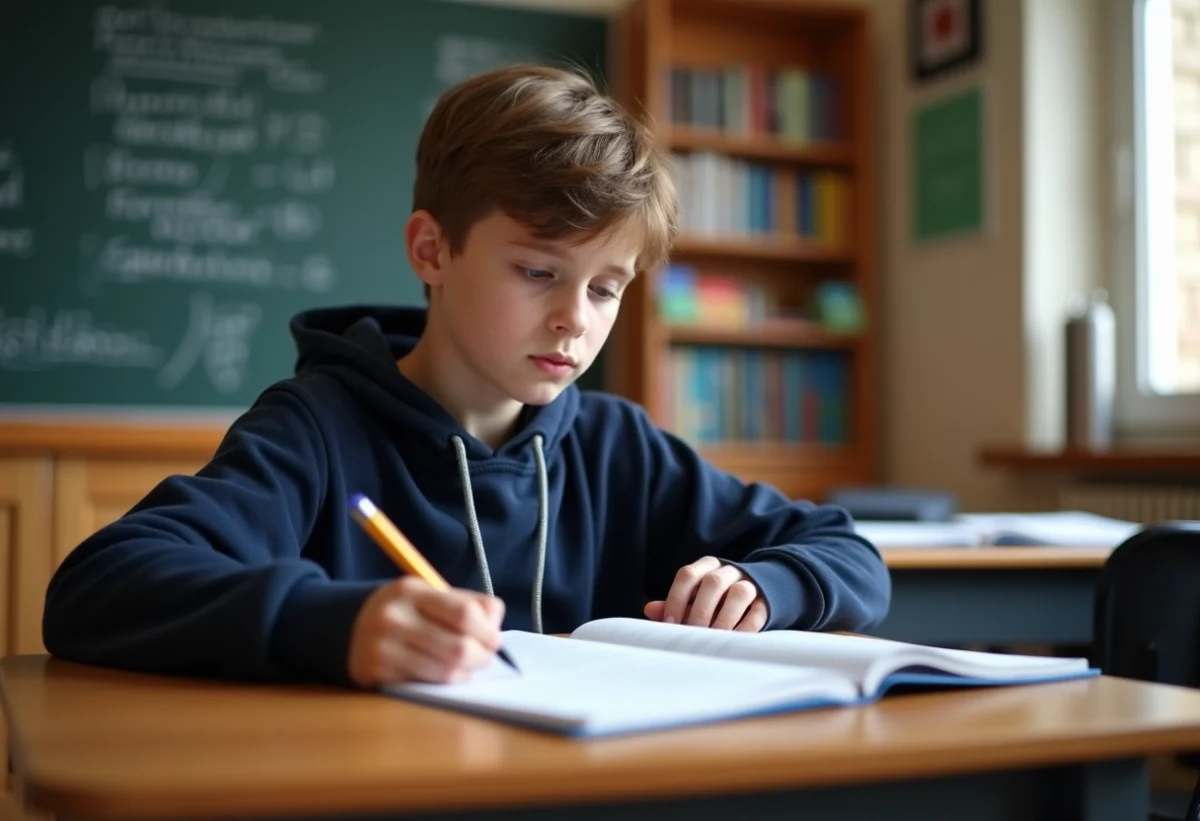 Jeune garçon concentré en français dans une classe chaleureuse