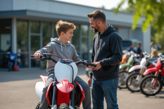 Jeune garçon souriant avec son père devant une moto tout-terrain neuve