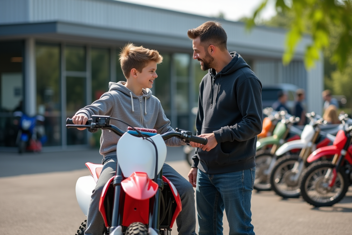 Jeune garçon souriant avec son père devant une moto tout-terrain neuve