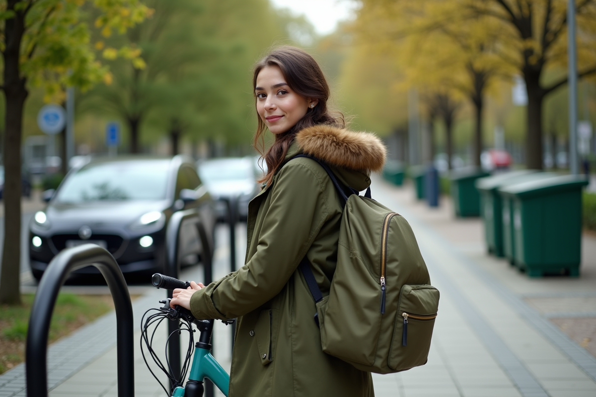 Jeune femme avec un sac recyclé attachant son vélo dans un parc urbain
