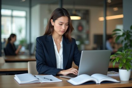 Jeune femme professionnelle travaillant sur son ordinateur dans un bureau moderne