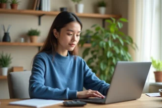 Jeune femme au bureau à domicile utilisant un ordinateur
