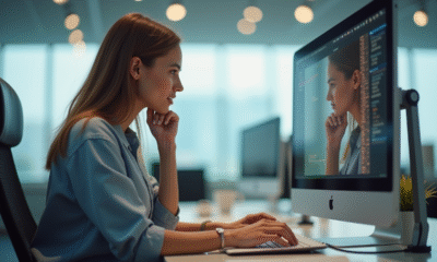 Jeune femme professionnelle regardant son ordinateur dans un bureau lumineux