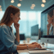 Jeune femme professionnelle regardant son ordinateur dans un bureau lumineux