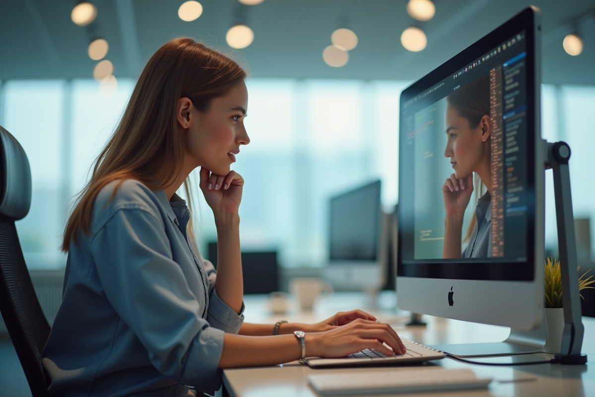 Jeune femme professionnelle regardant son ordinateur dans un bureau lumineux