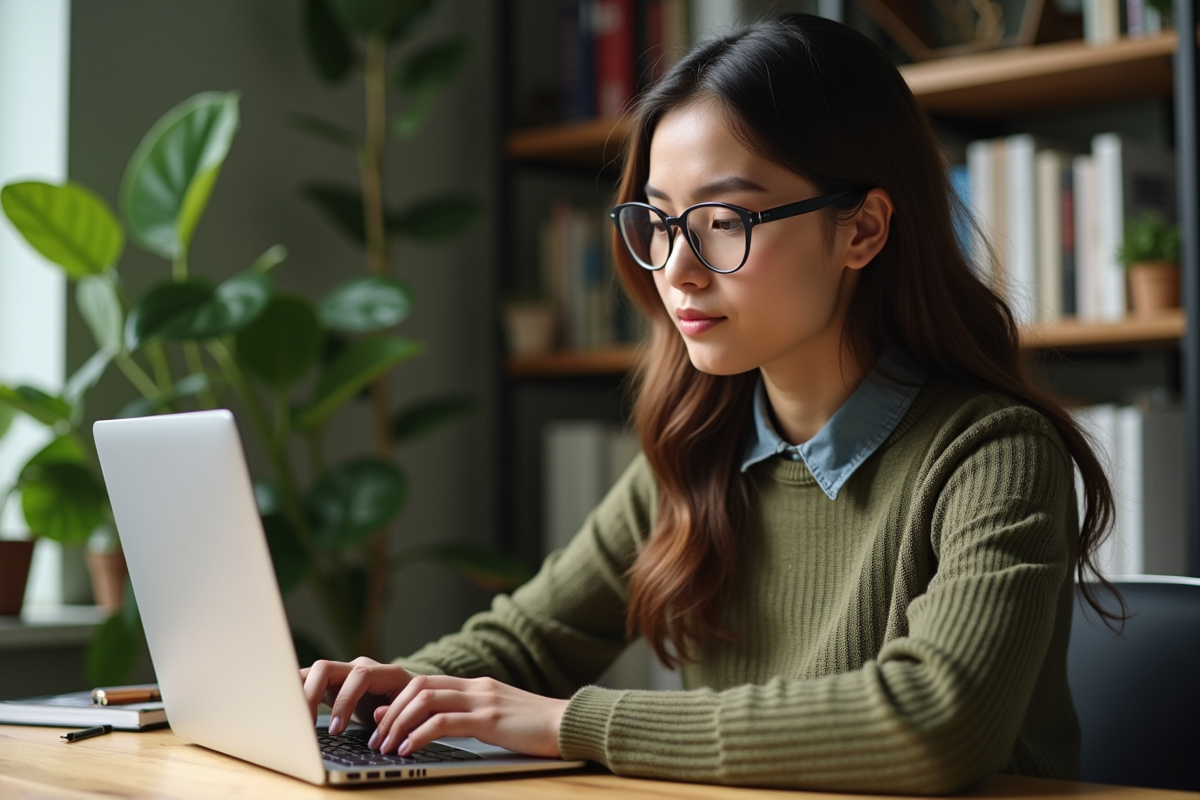 Jeune femme en bureau avec ordinateur portable et plantes