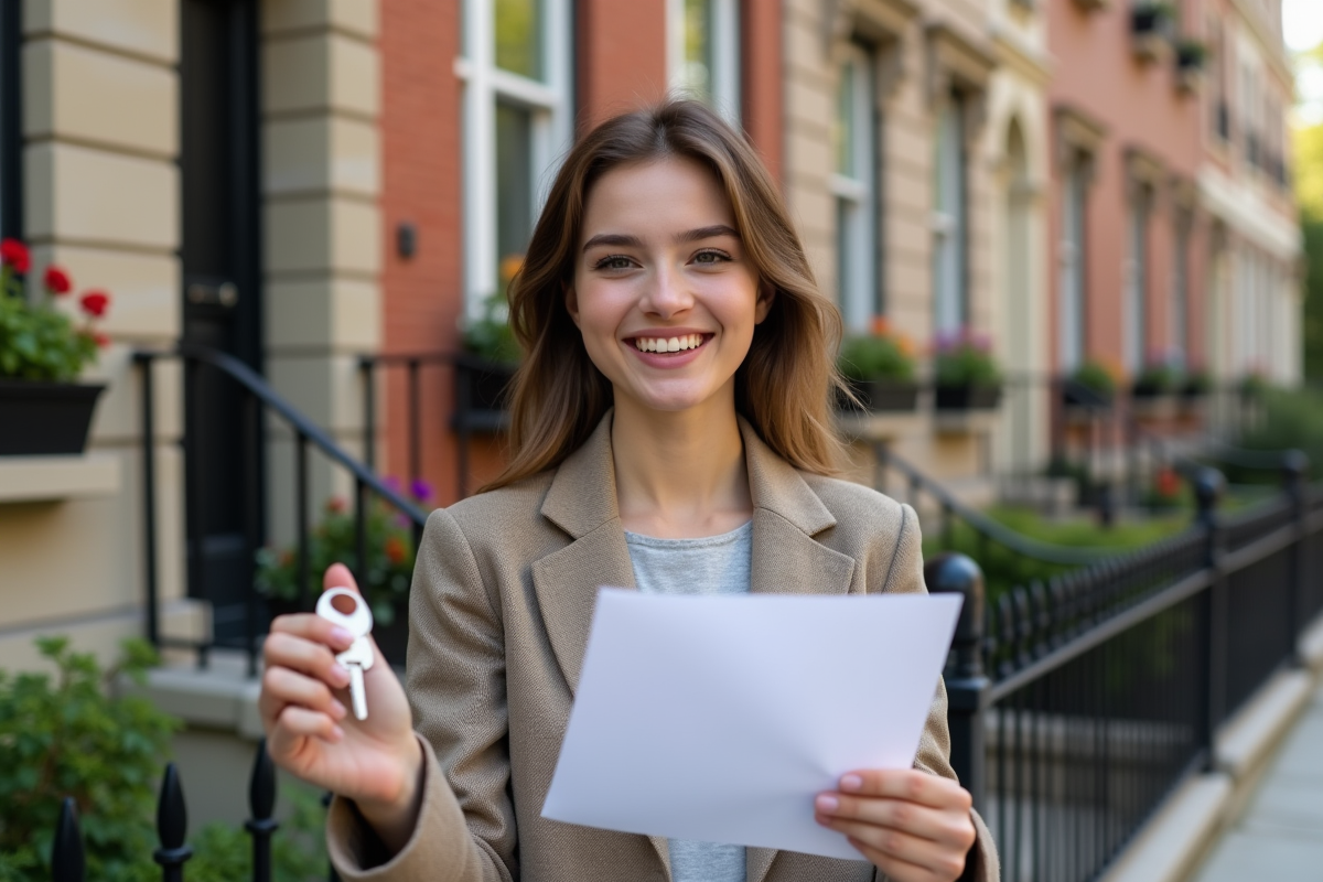 Jeune femme souriante tenant un contrat de location devant des maisons restaurées