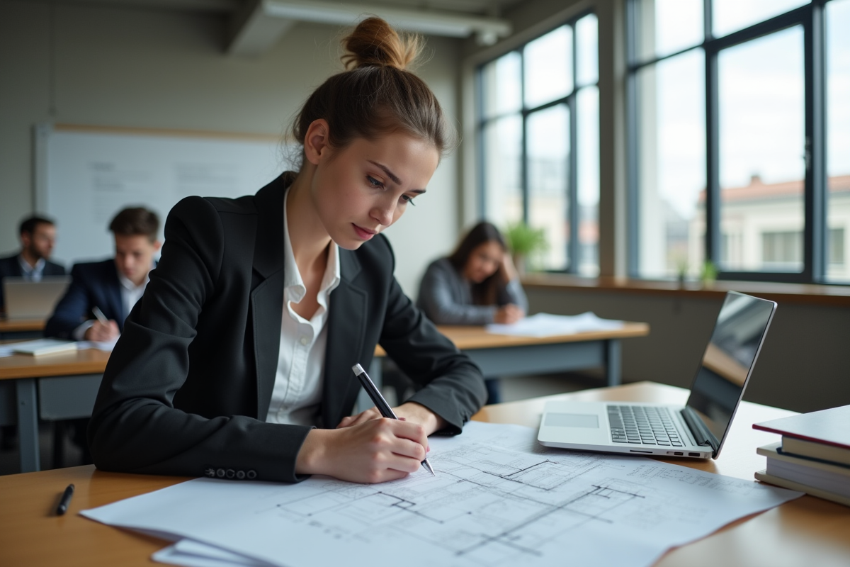 Jeune femme en tenue professionnelle étudie des plans de construction