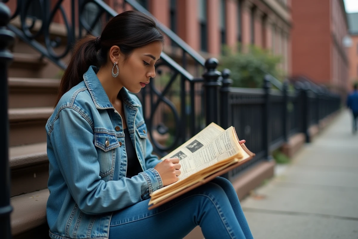 Jeune femme latina feuilletant un album généalogique sur le perron d'un immeuble du Bronx à New York