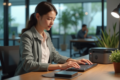Jeune femme examinant des périphériques informatiques au bureau