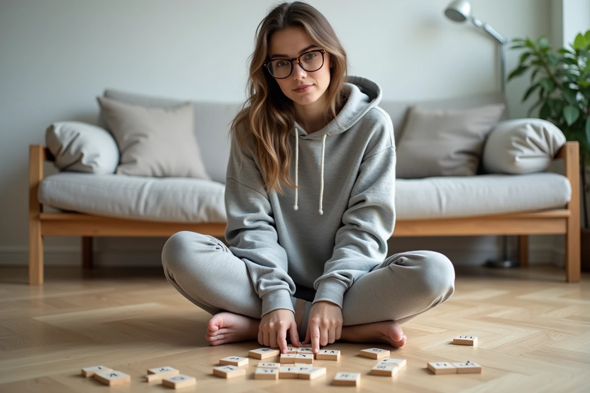 Jeune femme jouant au Scrabble dans un appartement belge moderne, cherchant une ville de Belgique en 3 lettres pour poser ses tuiles