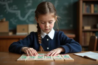 Jeune fille française concentrée sur des cartes alphabet