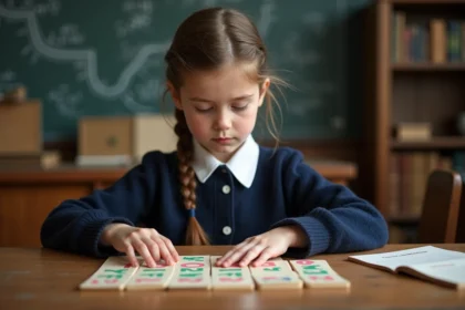Jeune fille française concentrée sur des cartes alphabet