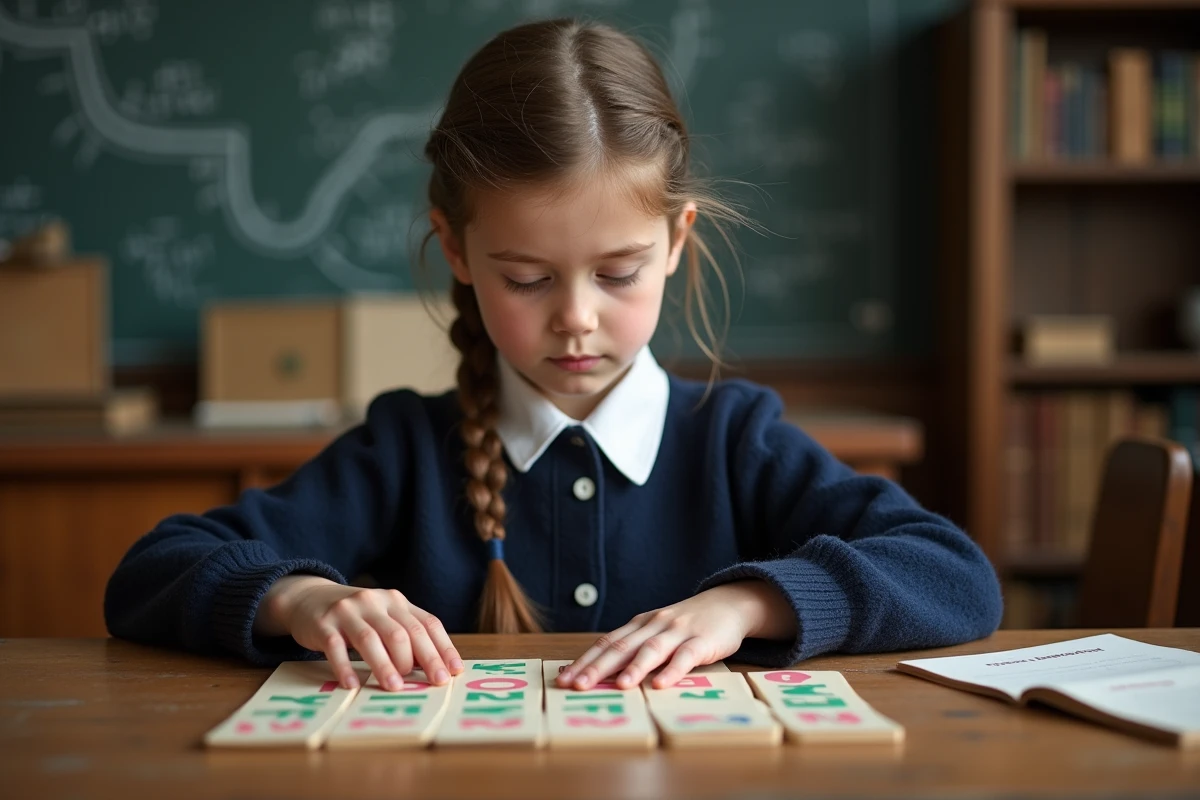 Jeune fille française concentrée sur des cartes alphabet