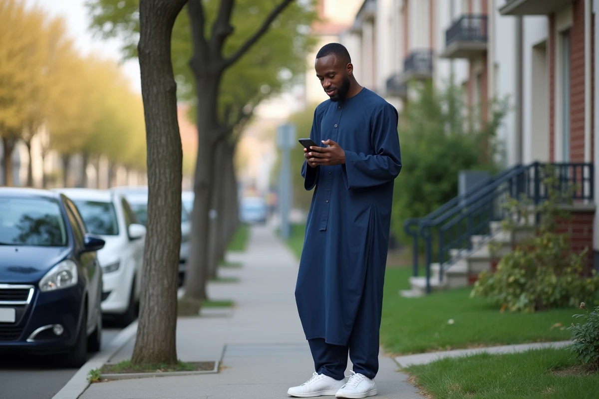 Jeune homme consultant les horaires de prière sur smartphone avant le salat al-jumu'a à Livry-Gargan