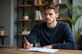 Jeune homme en bureau à domicile regardant distraitement