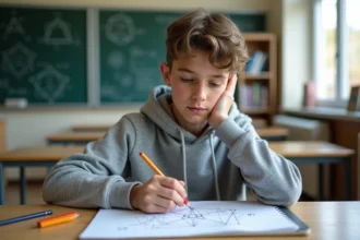 Jeune garçon en hoodie esquissant une pyramide géométrique