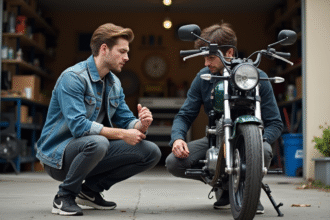 Jeune homme ajustant sa moto Dax 125 dans un atelier
