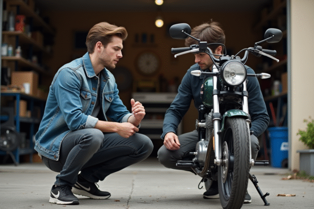 Jeune homme ajustant sa moto Dax 125 dans un atelier