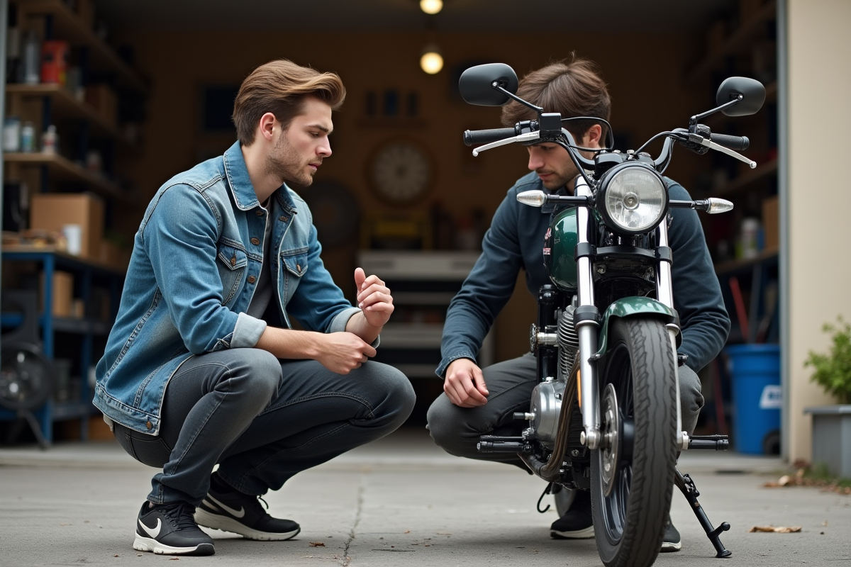 Jeune homme ajustant sa moto Dax 125 dans un atelier