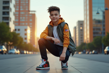 Jeune garçon en streetwear dans une ville moderne ensoleillée