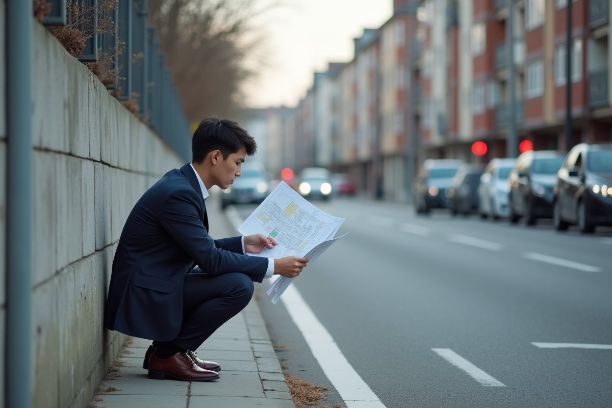 Jeune homme comparant un plan de zonage dans la rue