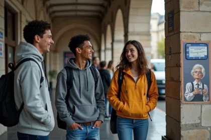 Groupe de jeunes adultes devant une station de métro parisienne