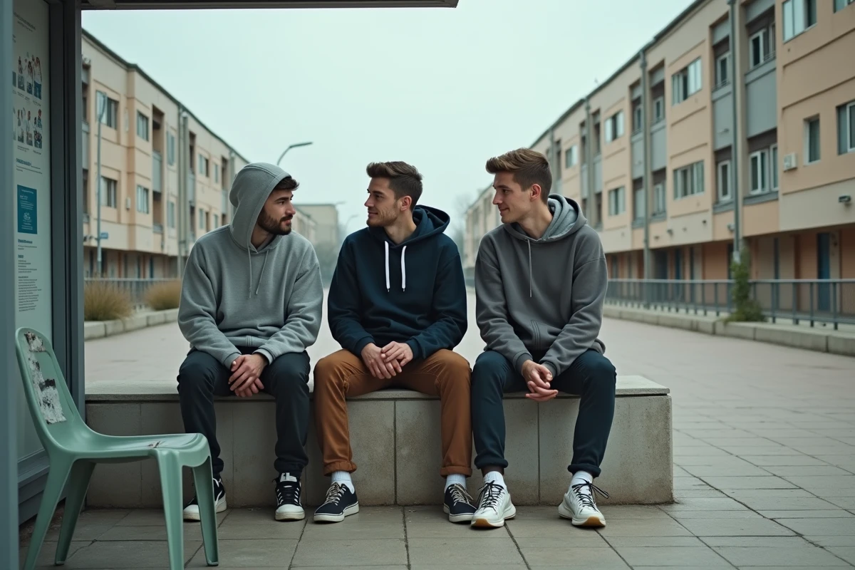 Jeunes hommes assis près d'un abribus dans un quartier HLM du Mirail à Toulouse, atmosphère urbaine tendue et sentiment d'abandon social