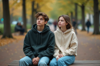 Deux adolescents assis sur un banc dans un parc urbain