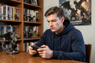 Joueur concentré avec une figurine de dragon sur son bureau de gaming, illustrant les faiblesses du type Dragon dans les jeux de rôle
