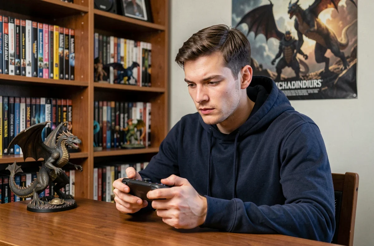 Joueur concentré avec une figurine de dragon sur son bureau de gaming, illustrant les faiblesses du type Dragon dans les jeux de rôle