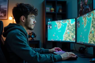 Joueur concentré devant un setup gaming multi-écrans jouant à un jeu de stratégie de guerre en ligne