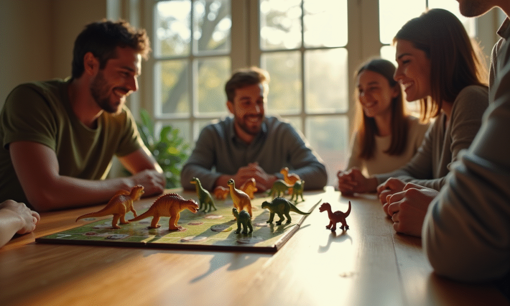 Groupe de personnes jouant à un jeu de société dinosaure