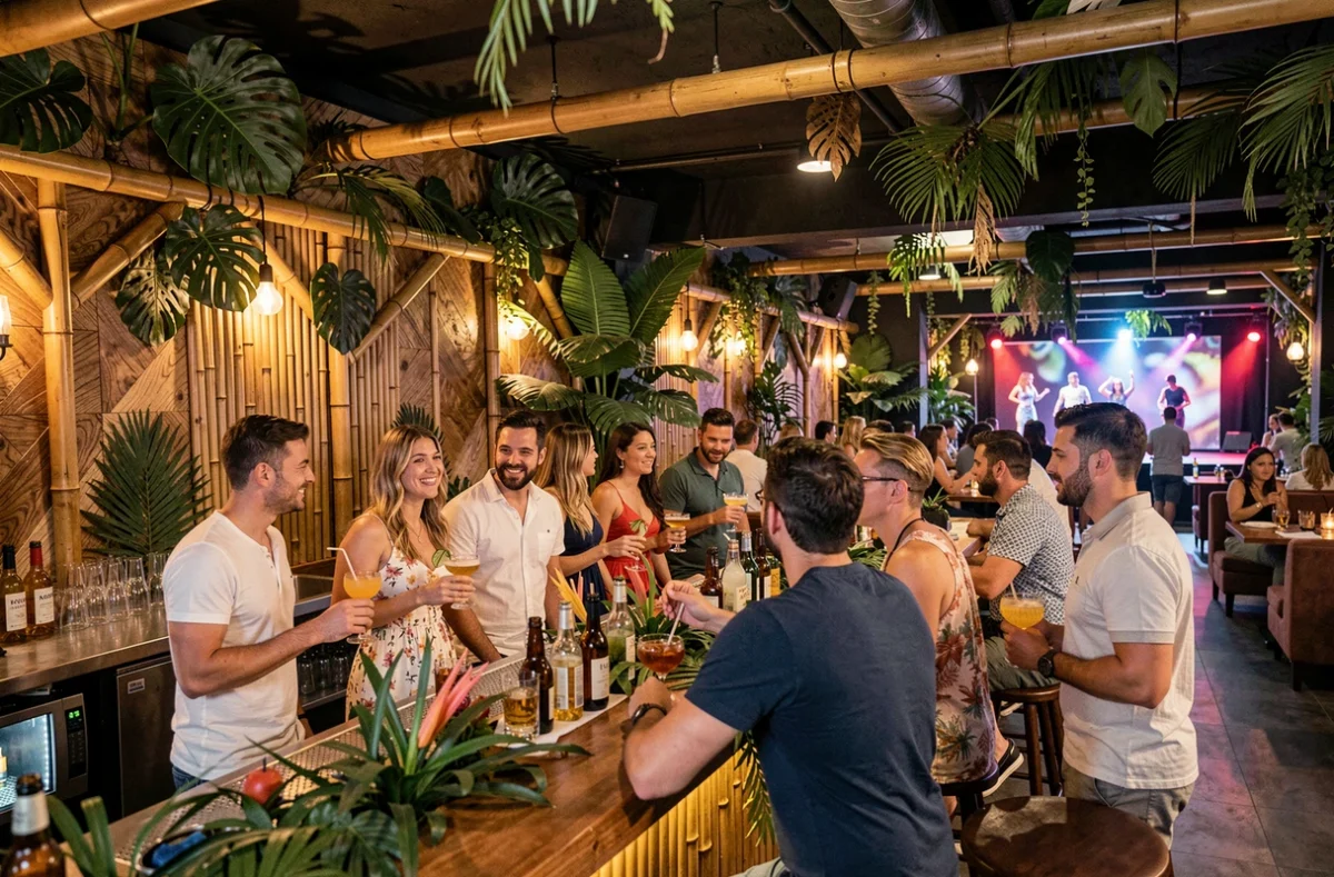 Ambiance tropicale du Jungle Café à Anglet mêlant restaurant, bar et club de nuit avec une clientèle détendue autour d'un bar décoré de végétation luxuriante