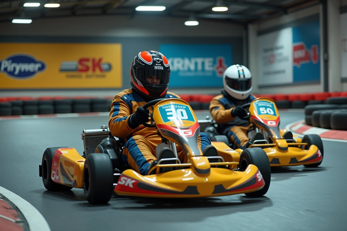 Deux adultes en combinaison de course pilotant des karts électriques dans un circuit de karting indoor à Lyon lors d'une sortie de groupe