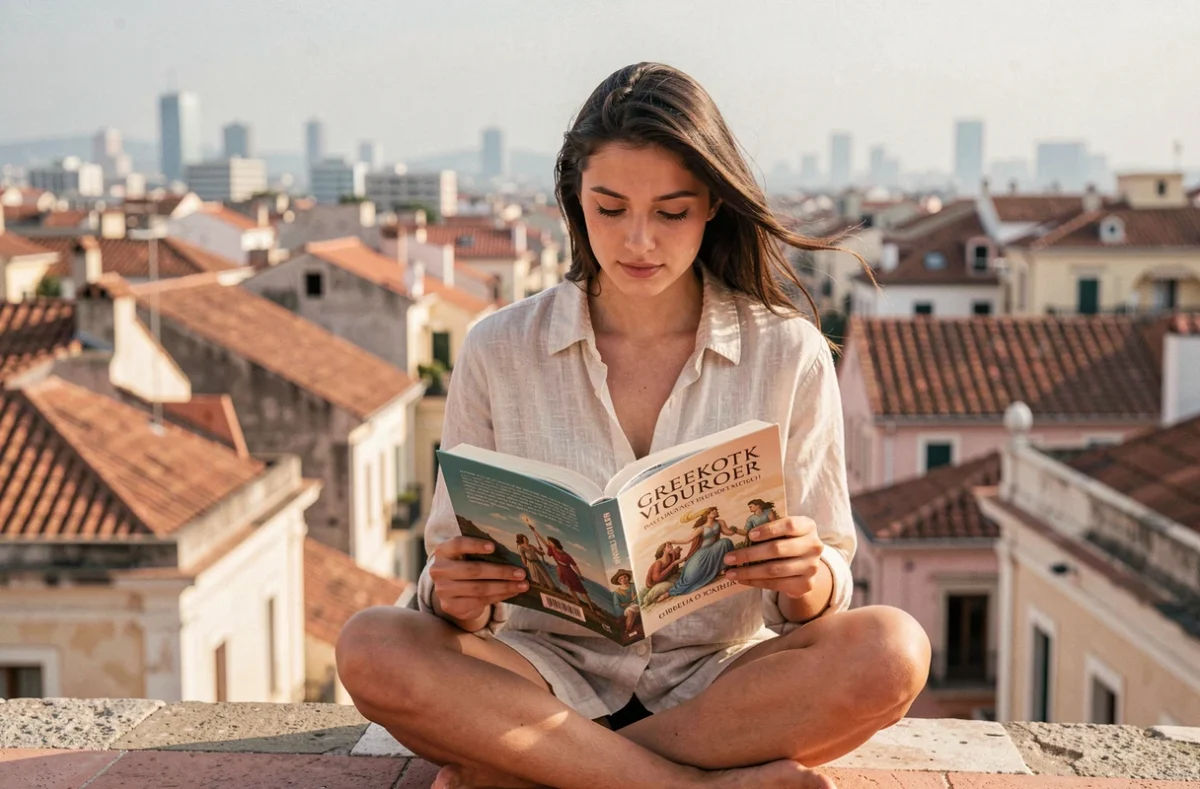 Jeune femme lisant un livre sur la mythologie grecque sur un toit en terrasse méditerranéen, symbolisant la résonance contemporaine du mythe d'Athéna